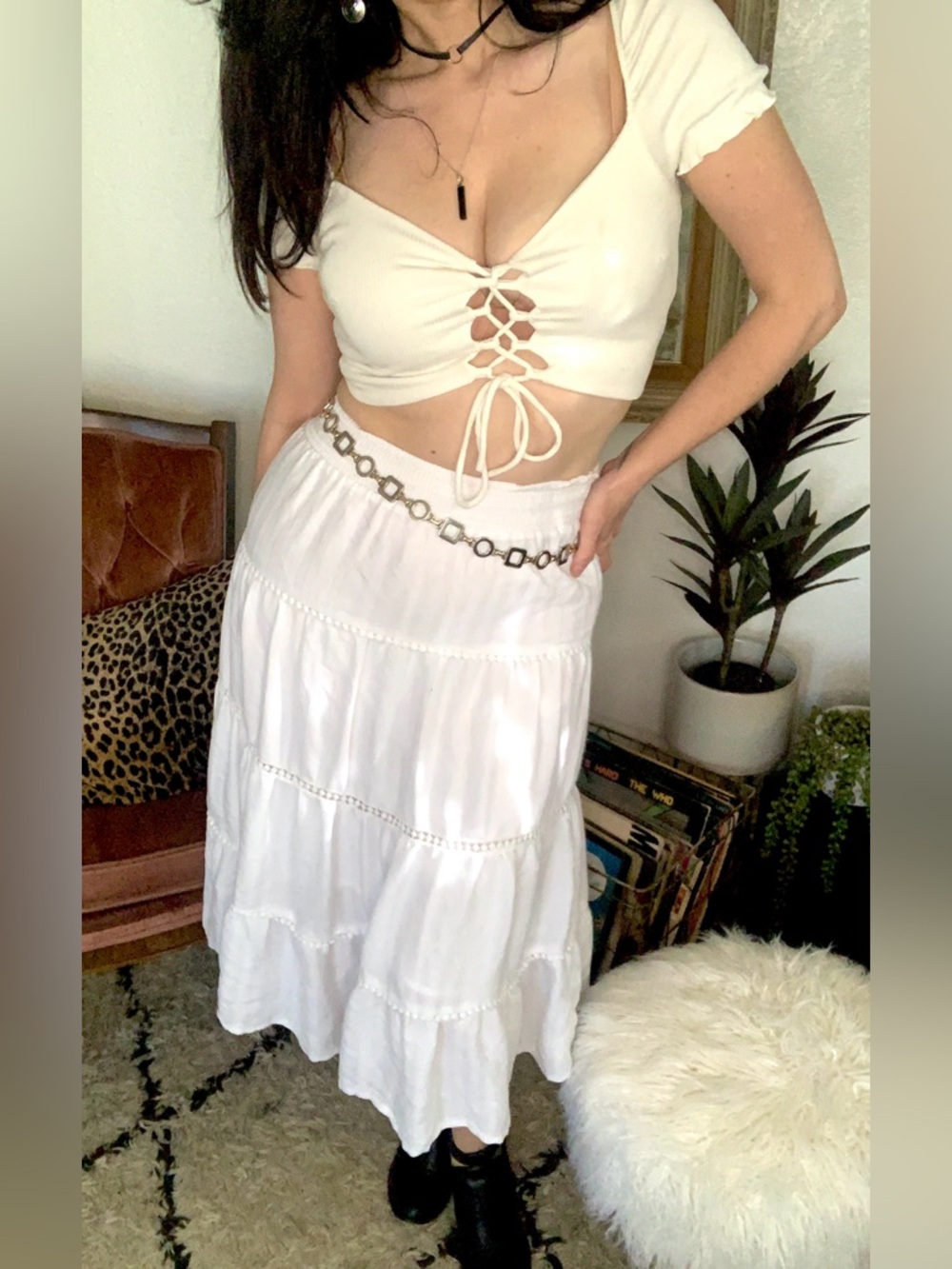 LOFT White Tiered Maxi Skirt